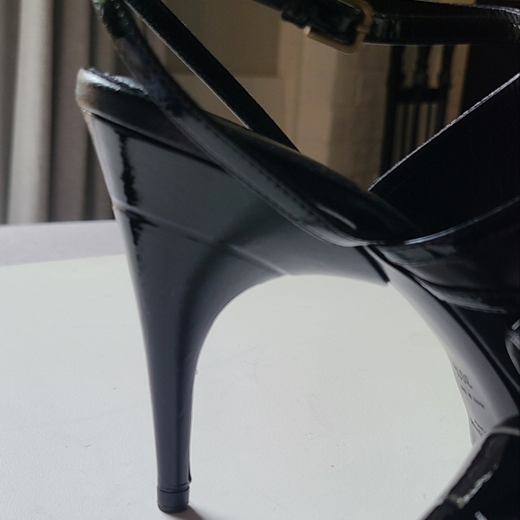 Yves SAINT LAURENT vtg *RARE* Platform Patent & Leather Ankle Strap Peep 36.5 - Picture 12 of 15